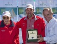 Bob Oatley, Owner of WILD OATS XI, and Skipper Mark Richards receive the Rolex Yacht-Master timepiece for Line Honours from Jean-noel Bioul