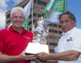 Prizegiving ceremony - Roger Hickman, owner and skipper of WILD ROSE (AUS) receive the Tattersall's Cup from John Cameron (Commodore of CYCA)