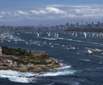 Aerial view looking South towards the fleet coming down Sydney Harbour