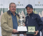 David Kellett accepts the Tattersall's Cup and Rolex Yacht-Master timepiece on behalf of Wild Oats XI from Patrick Boutellier, General Manager Rolex Australia
