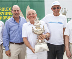 Contenders for the Rolex Sydney Hobart overall win with the Tattersall's Cup. Left to right: Roger Hickman – Wild Rose; Matt Allen – Ichi Ban; Jim Delegat – Giacomo (holding Tattersall’s Cup, Tony Kirby – Patrice and Jens Kellinghusen – Varuna