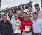 Darryl Hodgkinson received the Tattersall’s Cup and Rolex timepiece from RYCT Commodore Richard Batt (far left), CYCA Commodore Howard Piggott (second from left) and Patrick Boutellier, Rolex Australia (far right)