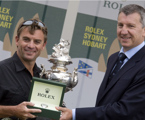 Richard de Leyser, General Manager of Rolex Australia, presents the Tattersalls Cup and Rolex Watch to Justin Clougher representing Rosebud at the formal prizegiving at RYCT
