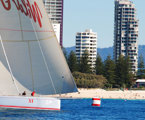 Wild Oats XI crosses the finish line in a time of 22hrs, 3mins and 46 secs to create a new race record in the Audi Sydney Gold Coast Yacht Race