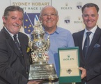 Commodore Cruising Yacht Club of Australia John Markos, Overall Race Winner Jim Delegat, GIACOMO, receiving a Rolex Oyster Perpetual Yacht-Master 40 and the Tattersall's Cup Joël Aeschlimann, Rolex Geneva 