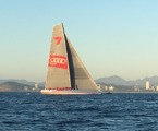 Wild oats XI with 2 miles to go - accompanies by a whale just off the bow