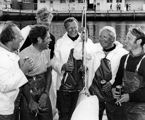 Crew of the victorious Morning Cloud 1969 Sydney Hobart Yacht Race (L to R) Anthony Churchill, Owen Parker, Sammy Sampson, Jean Berger, Edward Heath, Duncan Kay