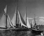Collision at the start of the 1947 Sydney Hobart Race. Pictured are Defiance (windward yacht at left), Morna (in the sandwich)  and Christina. Christina protested Morna for barging, but lost, and both Defiance and Christina were disqualified. Photo borrowed from Josephine Blumberg, grand-daughter of Charlie Cooper. Caption reads" 'Start 3rd Sydney-Hobartr Race 1947, 'Morna' fouling 'Christina'