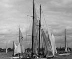 Mistral II in a southerly start 1950 Sydney-Hobart Race.  Nerida (SA2) behind.