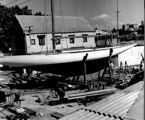 1952 Original CYCA clubhouse with 'Defiance' (Fred Harris) on the slip. Harris transferred the sail number CYC4 from his previous 'Bernicia' to 'Defiance'.