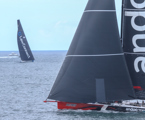 Cabbage Tree Island Race 2023 - Andoo Comanche leading LawConnect to the finish in Sydney Harbour