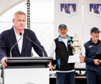Tasmanian Premier Jeremy Rockliff speaking at the dockside presentation of the Tattersall Cup and Medallions to the crew of Alive