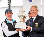 Alive skipper Duncan HIne with CYCA Commodore Arthur Lane and the Tattersall Cup for the Overall Winnner of teh Rolex Sydney Hobart