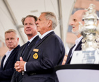 (L to R) Tasmanian Premier Jeremy Rockliff, Benoît Falletti (Rolex Australia), CYCA Commodore Arthur Lane and Royal Yacht CLub of Tasmania Commodore Richard Bevan at the dockside presentation of the Tattersall Cup and Medallions to the crew of Alive