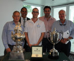 The Rolex Sydney Hobart Yacht Race media launch panel: Tony Ellis (Ragamuffin Loyal), Geoff Huegill (Ragamuffin Loyal), Sebastien Guyot (Peugeot Surfrider), Mark Richards (Wild Oats XI) and Bob Steel (Quest) with the Tattersall’s Cup and J H Illingworth trophy and Rolex timepiece