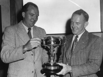 Magnus and Trygve Halvorsen with one of their winning Sydney Hobart trophies, the Trans-Tasman Cup