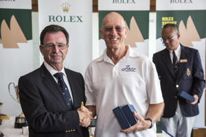 Chris Bull, owner Jazz, accepts the RORC trophy (2nd ORCi Div 1) from CYCA Commodore Howard Piggott
