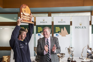 Brad Kellett accepts the RANSA Trophy on behalf of Brindabella's owner Jim Cooney for placing first PHS Division 1, from Paul Weedon, Chairman, TasPorts