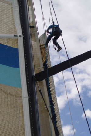Mitch White up the rig of Skandia mid race fixing the Code 0
