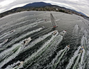 Wild Oats XI on approach to the finish line to take the line honours treble