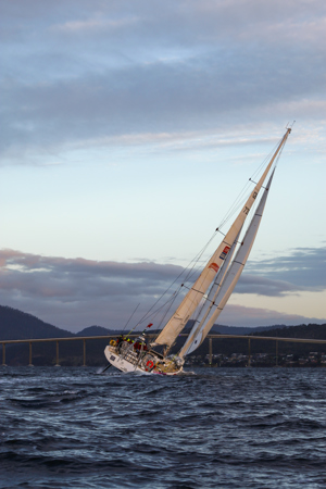 Derry~Londonderry~Doire is the first to sail up the Derwent river as a part of the Clipper Round the World race, a category of the Sydney to Hobart yacht race at Constitution Dock in Hobart, Monday, Dec. 30, 2013. (AAP Image/Heath Holden) NO ARCHIVING, EDITORIAL USE ONLY