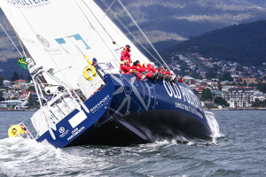The Old Pulteney boat makes its way towards the finish line at the end of the Clipper Round the World race, a category of the Sydney to Hobart yacht race at Constitution Dock in Hobart, Monday, Dec. 30, 2013. (AAP Image/Heath Holden) NO ARCHIVING, EDITORIAL USE ONLY