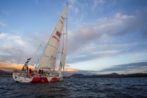 Derry~Londonderry~Doire is the first to sail up the Derwent river as a part of the Clipper Round the World race, a category of the Sydney to Hobart yacht race at Constitution Dock in Hobart, Monday, Dec. 30, 2013. (AAP Image/Heath Holden) NO ARCHIVING, EDITORIAL USE ONLY