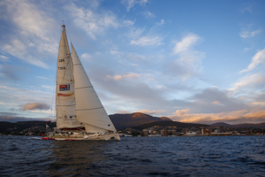 Derry~Londonderry~Doire is the first to sail up the Derwent river as a part of the Clipper Round the World race, a category of the Sydney to Hobart yacht race at Constitution Dock in Hobart, Monday, Dec. 30, 2013. (AAP Image/Heath Holden) NO ARCHIVING, EDITORIAL USE ONLY