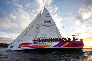 Derry~Londonderry~Doire is the first to sail up the Derwent river as a part of the Clipper Round the World race, a category of the Sydney to Hobart yacht race at Constitution Dock in Hobart, Monday, Dec. 30, 2013. (AAP Image/Heath Holden) NO ARCHIVING, EDITORIAL USE ONLY