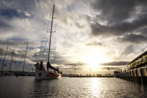 Derry~Londonderry~Doire is the first to sail up the Derwent river as a part of the Clipper Round the World race, a category of the Sydney to Hobart yacht race at Constitution Dock in Hobart, Monday, Dec. 30, 2013. (AAP Image/Heath Holden) NO ARCHIVING, EDITORIAL USE ONLY