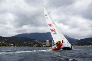 Team Great Britain make their way towards Constitition Dock as a part of the Clipper Round the World race, a category of the Sydney to Hobart yacht race at Constitution Dock in Hobart, Monday, Dec. 30, 2013. (AAP Image/Heath Holden) NO ARCHIVING, EDITORIAL USE ONLY