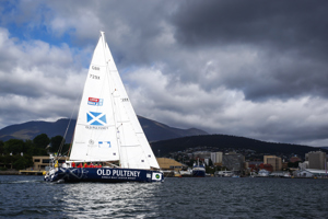 The Old Pulteney boat makes its way towards the finish line at the end of the Clipper Round the World race, a category of the Sydney to Hobart yacht race at Constitution Dock in Hobart, Monday, Dec. 30, 2013. (AAP Image/Heath Holden) NO ARCHIVING, EDITORIAL USE ONLY