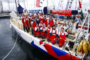 The PSP Logistics celebrate at the end of the Clipper Round the World race, a category of the Sydney to Hobart yacht race at Constitution Dock in Hobart, Monday, Dec. 30, 2013. (AAP Image/Heath Holden) NO ARCHIVING, EDITORIAL USE ONLY