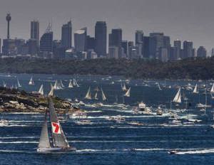 Wild Oats XI going through Sydney heads at the start of the 64th Rolex Sydney Hobart