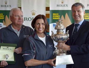 Bob and Lee Steel of Quest with Richard De Leyser, General Manager, Rolex Australia with the Tattersall's Cup and the Rolex Yacht Master