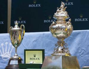 The Tattersall's Cup and the John Illingworth Trophy sit side by side, waiting for the winners of the 64th Rolex Sydney to Hobart Yahct race.