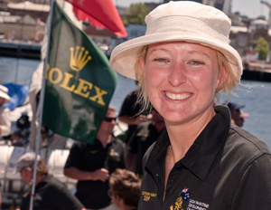 Sarah Jane Blake, daughter of the late Sir Peter Blake, with the crew after arriving in Hobart 25 years after the boat's line honours win
