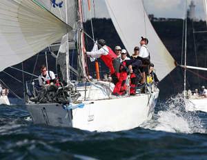 Warren Buchan and Kristy Edwards' Sayer 44.9 Colortile shortly after the start of the Audi Sydney Gold Coast Yacht Race 2010