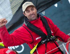 Mark Richards, skipper Wild Oats XI, celebrates crossing the finish line first in the 2010 Rolex Sydney Hobart, claiming a fifth provisional line honours win