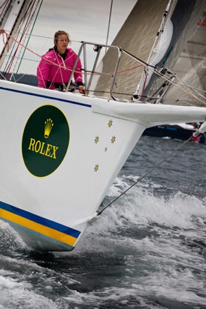 Sophie Ciszek on the bow of Brindabella before the start