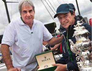 Geoff Boettcher accepting his Rolex Yacht Master timepiece from Patrick Boutellier, Rolex Australia
