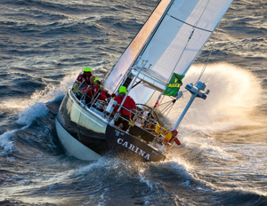 Rives Potts and crew working the boat to windward late on Day 2