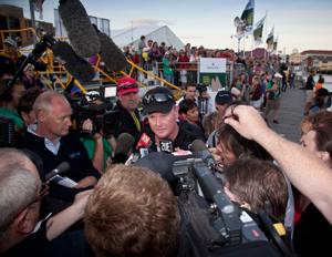 Anthony Bell addresses the media after taking line honours and being advised that the boat was being protested by the Race Committee