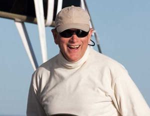 Stephen Ainsworth at the helm as Loki crosses the finish line of Audi Sydney Gold Coast Yacht Race