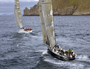 Peter Harburg's Black Jack chases Stephen Ainsworth's Loki in the 64th Rolex Sydney Hobart Yacht Race
