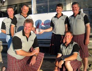 Tartan crew accepted their PHS Division 2 trophy in their clan tartan kilts at the prizegiving for the Audi Sydney Gold Coast Yacht Race