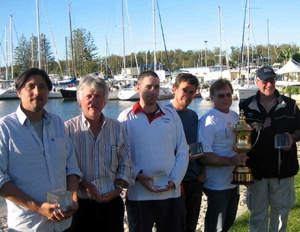 Divisional Winners of the Audi Sydney Gold Coast Yacht Race 2010 with SYC Commodore Rob Mundle and CYCA Rear Commodore Howard Piggott