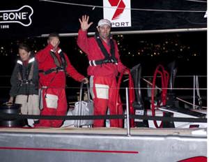 Wild Oats XI skipper Mark Richards jubilant after crossing the finish line and taking the line honours win in the Audi Sydney Gold Coast Yacht Race 2010