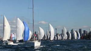 The fleet reaching down Sydney harbour after the start