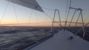 View from the bow of Komatsu Azzurro as it approaches the finish - and yes, that is a blooper you can see!